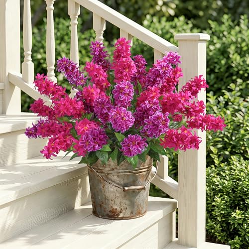 Artificial Flowers 3 Pcs Hyacinth Fake Flowers 19.69” Silk Flowers for Outside, Delphinium Outdoor Faux Flowers Fake Plants for Porch Patio Balcony Yard Indoor Home Decor - color: 2pcs Deep Magenta & 1pcs Fuchsia