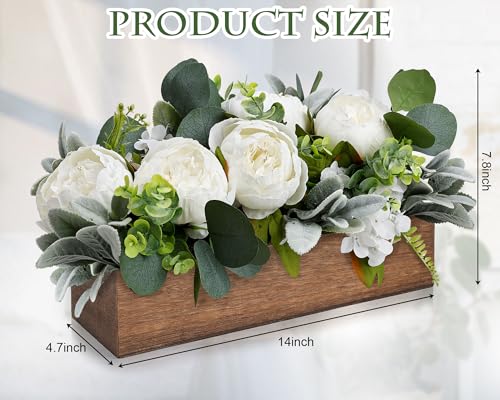 Pre-Made Flower Centerpieces for Table, Artificial Floral Centerpieces for Dining Table Wood Fake Peony Hydrangea Centerpiece for Wedding Living Room Party Bar Kitchen Table(White) - color: White