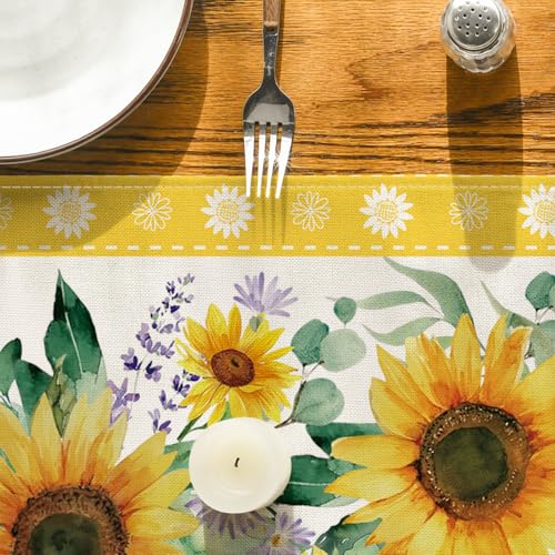 Artoid Mode Sunflower Leaves Flowers 210 GSM Summer Table Runner, Seasonal Kitchen Dining Table Decoration for Home Party Decor 13x48 Inch - size: 13" x 48", Table Runner