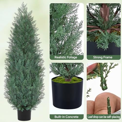 4Ft Artificial Cypress Trees (Set of 2) Outdoor Indoor, Realistic Faux Potted Cedar Trees with UV Protection, FakeTopiary Trees in Cement Pot for Entryway Patio Porch Garden Office Home Decor - size: 4FT