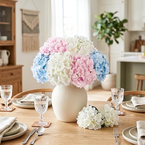Auihiay 10Pcs Artificial Hydrangea Flowers Bulk, Realistic Faux Silk Hydrangea with Stems, Fake Flowers for Wedding Centerpieces Table Vase Decor Baby Shower Bedroom Valentine's Day(Mixed Color) - color: White,blue & Pink