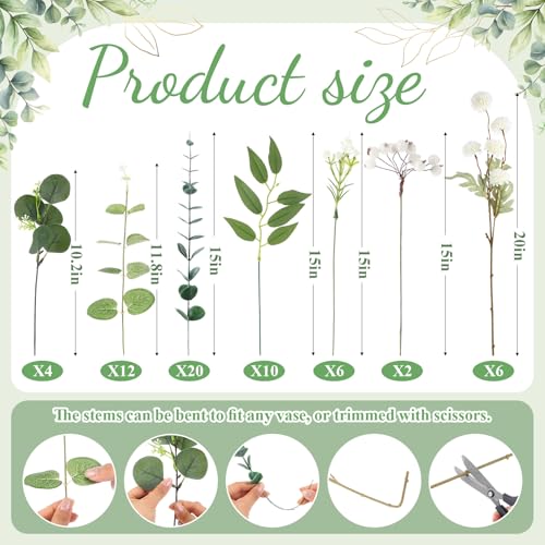 Yinder 60pcs Mixed Artificial Eucalyptus Stems and Faux Flower Set, Greenery Eucalyptus Branch Baby's Breath Silver Dollar Stem Berry and Silk Mums for Vase Centerpieces Wedding Arrangement Home Decor - color: White