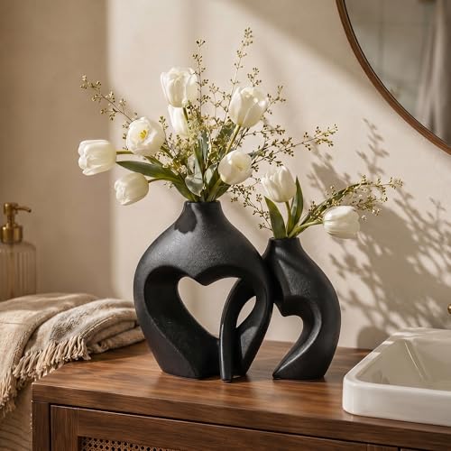 Black Ceramic Flower Vases Home Decor Heart Shaped Vase Set of 2 | Nordic Heart Shaped Vases Minimalist Decorative Vase for Table Centerpiece Wedding Dining Living Room Office House Decoration - color: Black