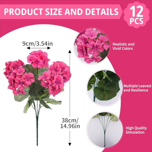 12Pcs Faux Geraniums for Outdoor Planters 15" Pink Silk Geraniums for Outdoors UV Resistant Fake Geraniums Artificial Flowers Realistic Garden Porch Patio Balcony Cemetery Home Decor (Pink) - color: Pink-12pcs
