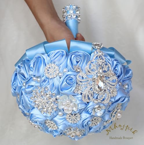 Bridal Wedding Bouquet Round Bling Brooch Bouquet Artificial Rose Flower Bunch for Bride Bridesmaid Wedding Quinceanera(Light Blue, 7.5") - color: Light Blue*, size: Small (Dia. 7.5"/19cm)