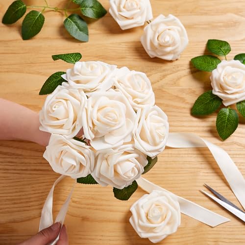 16 Pcs Fake Champagne Roses Artificial Flowers | Champagne Foam Roses with Stems, Artificial Flowers for DIY Wedding Bouquets, Centerpieces, Party, Home Decor - color: Champagne Flower
