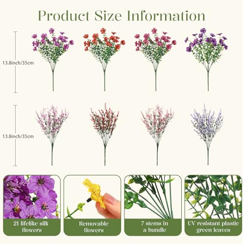 SHareconn 24 Bundles Artificial Flowers for Outdoors Decoration,Faux Plants Fake Silk Colorful Daisy Eucalyptus Lavender,UV Resistant for Outside Home Porch Indoor Spring Decor,RedRosyPurpleDeeppurple - color: Redrosypurpledeeppurple