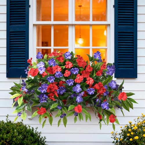 Hommyea Artificial Flowers for Outdoor, 2 Bundles UV Resistant Fake Plants Decoration Realistic Faux Silk Flowers No Fade Plastic Flowers for Outside Planters Home Porch Patio Yard Garden Decor - color: Red Deep Blue