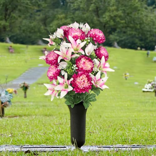 Briful Artificial Flowers for Cemetery, Cemetery Flowers for Grave, Weather Resistant Cemetery Flowers for Vase, Large Sympathy Grave Floral Arrangement with Lily Chrysanthemums Flowers - color: Fuchsia, size: 25.9 in. Cemetery Flowers Bouquet
