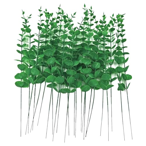 ABAJI 24 PCS Eucalyptus Stems Plastic Vivid Leaf Decorations Artificial Leaves Fake Faux Greenery Plant for Home Office House Table Desk Decor Wedding or Party Vase Forever Live - color: Green