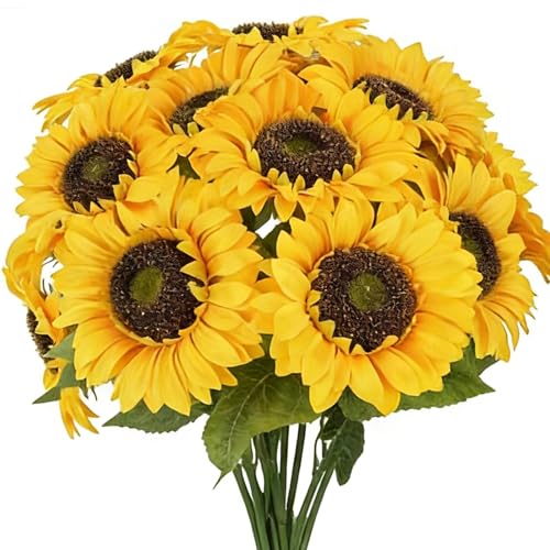 12 PCS Fake Sunflowers Silk Sunflowers Long Stem Large Summer Yellow Flower | 6in Large Heads Flower Arrangement Indoor Home Decor for Tall Vase