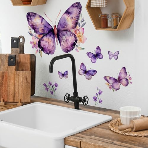 Purple Butterfly Wall Decals Removable Purple Butterflies with Flowers Wall Stickers Peel and Stick Vinyl Butterfly Art Wall Decor for Living Room Bedroom Nursery Bathroom Classroom Decorations - style: Purple Butterfly