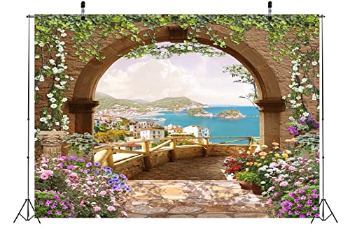 BELECO 8x6ft Fabric Mediterranean Garden Terrace Backdrop Romantic Arch Gate with Green Leaves Vine Blooming Flowers Italian Coast Background Birthday Wedding Party Shoot Studio Photo Props - size: 8x6FT