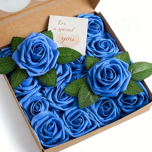 16 Pcs Blue Roses Artificial Flowers | Foam Roses with Stems, Blue Fake Flowers for DIY Wedding Bouquets, Centerpieces, Home Decor - color: Royal Blue