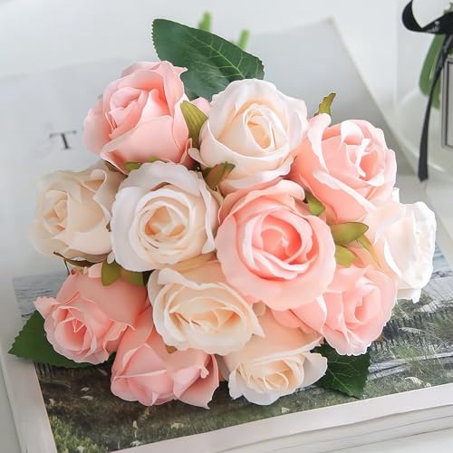 Jasion Artificial Roses Flowers 12 Heads Arrangement Silk Bouquet for Home Office Parties Bridal and Wedding Decoration (Pink with Champagne) - color: Pink With Champagne