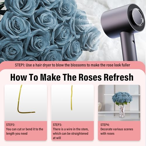 20PCS Artificial Roses with Long Stems - Realistic Silk Flowers, Fake Roses Real Touch Bouquet of Roses for Mother's Day, Home Decor, Bridal Wedding Party, Bulk Faux Rose Flowers (Dusty Blue) - color: Dusty Blue, size: 20 PCS