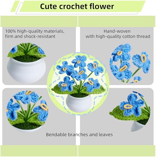 Knitting Crochet Flowers Cute Blue Handmade Forget Me Not Flower Plants Gift for Mom Women Teacher Birthday Anniversary Valentines Decor for Dashboard Home Office Desk Accessories - color: Blue