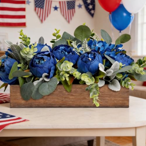 Royal Blue Flower Centerpieces for Table, Pre-Made Artificial Peony Hydrangea Centerpieces for Dining Table Wood Flowers Centerpieces for Wedding Graduation Living Room Party Bar Kitchen Table - color: Royal Blue