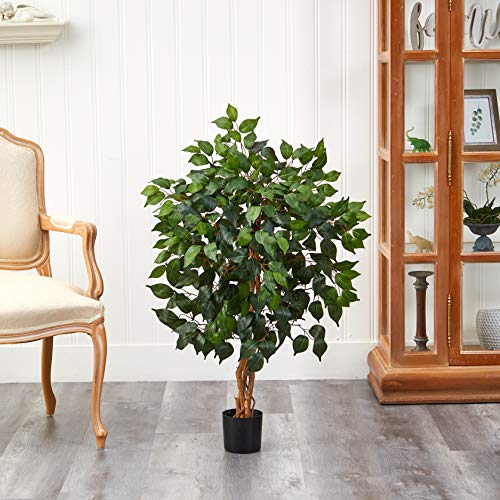 Nearly Natural 36in Triple Trunk Artificial Ficus Tree with Natural Wood Trunks, Fake Tree for Indoor Home Decor, Faux Ficus Plant in Black Nursery Pot - size: 3ft, style: Tree in Pot