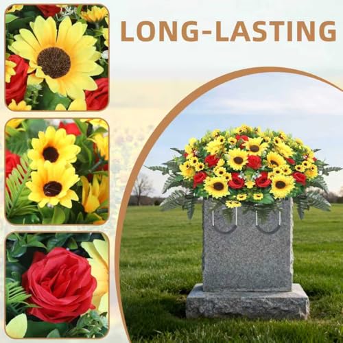 Artificial Cemetery Flowers for Grave,Headstone Flower Saddle Silk Sunflowers Grave Flowers for Cemetery Memorial for Outdoor Gravesite Decoration (Red) - color: Red