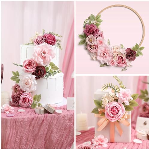 Artificial Flowers Combo Box Nude Pink Flowers Silk Fake Roses Dahlia with Stems for DIY Wedding Bridal Bouquets,Table Centerpieces,Cake Floral Arrangement,Baby Shower,Birthday Home Decor - color: Coffee Pink