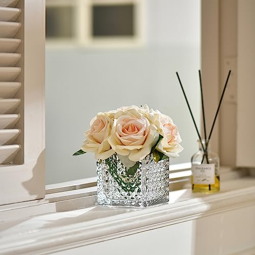 Fule Artificial Silk Rose Flower Centerpiece Arrangement in Glass Vase with LED Light for Home Wedding Decoration (Champagne) - color: Champagne