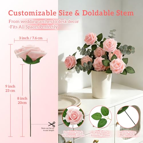 25Pcs Artificial Flowers Pink Foam Fake Roses with Stems,for DIY Wedding Bouquets White Bridal Shower Centerpieces Arrangements Party Tables Decorations and Home Decorations - color: Pink