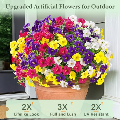 Artificial Flowers for Outdoors, 24 Bundles Mixed Color Artificial Petunias Fake Flowers for Outside, UV Resistant Realistic Silk Flowers for Decorations, Outdoor Faux Flowers Plants for Garden Porch - color: Mixed 4 Colors, size: 24 Pack