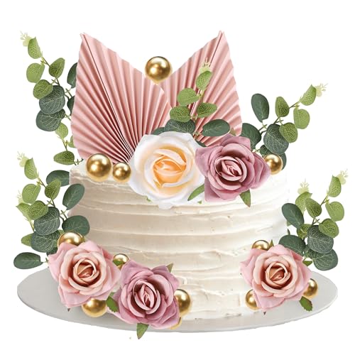 Rsstarxi 22 Pack Rose Artificial Flower Leaves Cake Decorations Gold Balloon Paper Palm Fan Cake Toppers for Happy Mother's Day DIY Wedding Bithday Valentine's Day Party Cake Decorations Supplie - color: Design 2