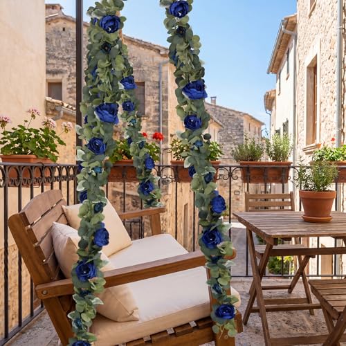 2 Pcs Royal Blue Artificial Peony Flower Garland 6.2ft/Piece Silk Faux Eucalyptus Greenery Garland with Peonies for Wedding Arch Backdrop Party Mantle Home Table Decoration (Royal Blue) - color: Royal Blue