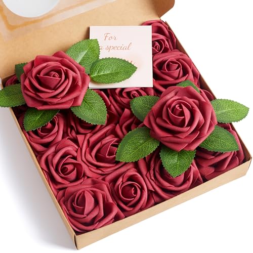 16 Pcs Fake Dark Red Roses Artificial Flowers | Dark Red Foam Roses with Stems, Artificial Flowers for DIY Wedding Bouquets, Centerpieces, Party, Home Decor - color: Dark Red