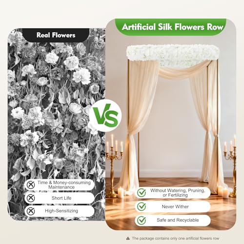 1-Meter Flower Arrangement, Decorative Artificial Flower Row Greenery Garland Silk Floral Panel for Party Wedding Background Decor White