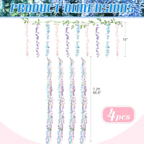 Thiccywoov 4pcs Wisteria Artificial Flowers Garland, 7.2Ft/Piece Wisteria Hanging Flowers Garland for Wedding Arch Decoration Outdoor Ceremony Home Backdrop Garden (Pink,Purple,Blue) - color: Pink, Purple, Blue