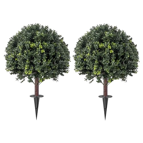 Artificial Topiary Ball Tree Outdoor Plants with Ground Spike 27" UV-Resistant Faux Shrubs, Eucalyptus Fake Plants for Indoor & Outdoor Use, Yard, Porch, and Patio Decor - color: Topiary Ball Tree-2
