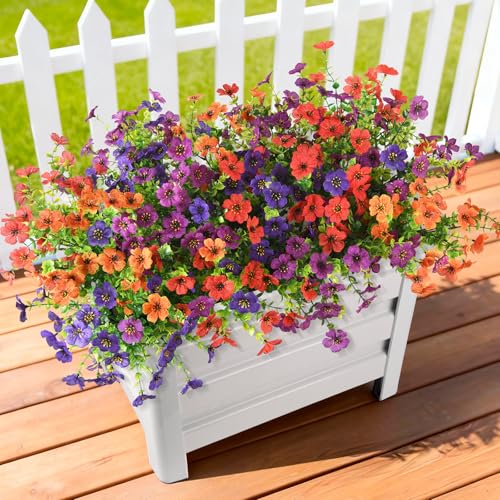 Hommyea Artificial Flowers for Outdoors, 12 Bundles Multicolor Silk Fake Flower for Spring Summer Decoration, UV Resistant No Fade Artificial Outdoor Plants for Home Planter Porch Patio Yard Decor - color: Double Purple,red,orange