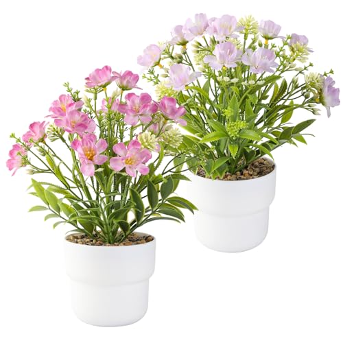 2-Piece Artificial Table Plant ， Lifelike Indoor Plants for Home, Office, Bedroom, Bathroom Decor ，Rustic Farmhouse Style mini Potted plantsry - color: Red + Purple