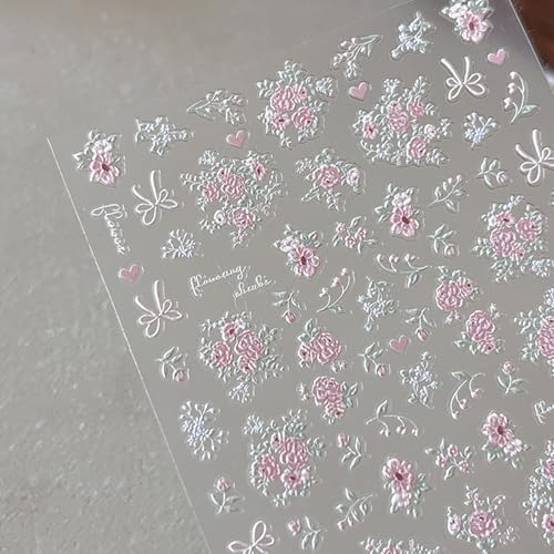 Pink Flower Nail Stickers Spring 5D Floral Nail Decals 1PCS Embossed Flowers Bouquet Bow Design Summer Adhesive Decals Nail Art Supplies for Women Manicure Decor - style: Style1-Pink Flower