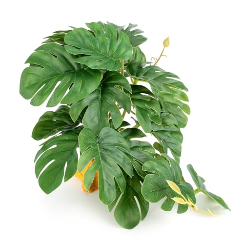 Reptile Plants for Terrarium, Ball Python Tank Accessories, Amphibian Habitat Decor Plant Bearded Dragon Tank Decorations for Gecko Lizard Chameleon Tortoise with Base - Fake Monstera - color: B-fake Monstera
