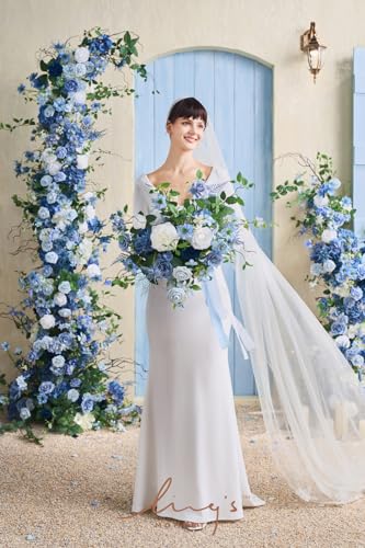 Ling's moment Dusty Blue Wedding Bouquets for Bride, Blue and White Bridal Bouquets for Bride,15 Inch Free Form Artificial Wedding Flower Bouquet - color: Blu-provence Blue, size: Medium 15 Inch