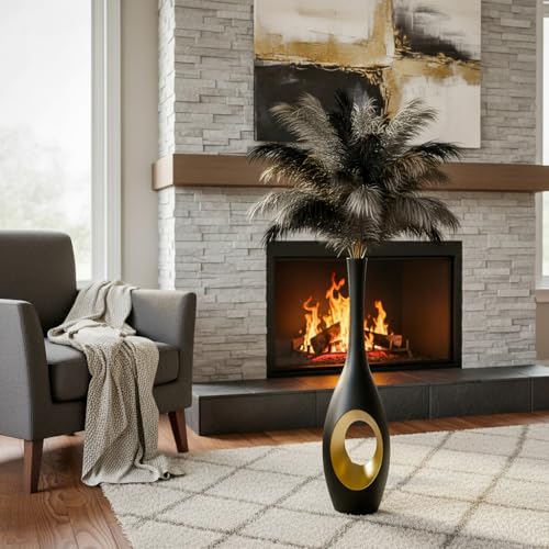 23.6 in Black Floor Vase – Modern Oval Tall Floor Vase with Gold Cutouts & Slim Neck, Decorative Vases for Luxury Home, Office, Wedding Decor – Resin Tall Vases