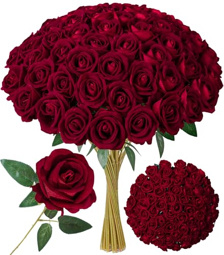 50 PCS Burgundy Roses Artificial Flowers, Real Looking Fake Roses with Long Stems Silk Flowers for DIY Wedding Bouquet Party Celebration Home Bridal Baby Shower Decoration Birthday Gift for Her Wife - color: Burgundy