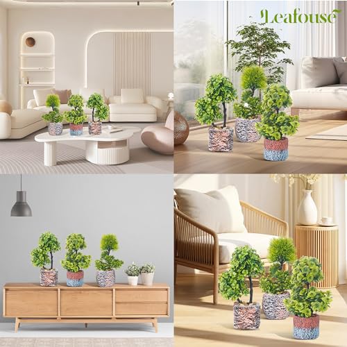 10 Inch Small Fake Potted Plant Artificial Bonsai Tree Faux Mini Plants Small Tabletop Greenery Table Decor Office Desk Tabletop Bathroom Shelf Bedroom Living Room Decoration, 3 POTS