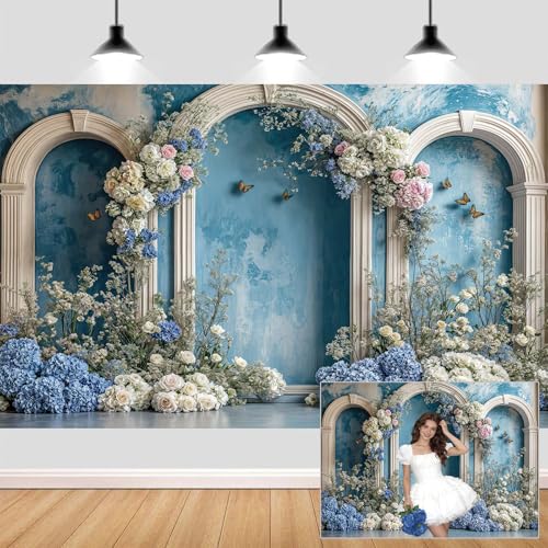 6X4ft Retro Blue Flower Backdrop Blue Hydrangea Floral Butterfly Arch Photography Backdrops European Style Bridal Shower Party Banner for Interior Portrait Photoshoot Photo Booth Wallpaper Decor - color: Multi11, size: 6X4ft