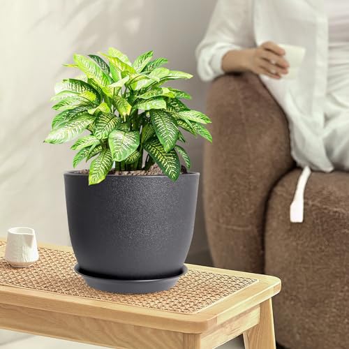 WSMKSZ 12/10/9 inch Big Flower Pots, 3 Pack Modern Decorative Plastic Planters with Drainage Holes and Tray, Plant Pots for Indoor Outdoor Plants, Black - color: Black, size: 12"+10"+9"