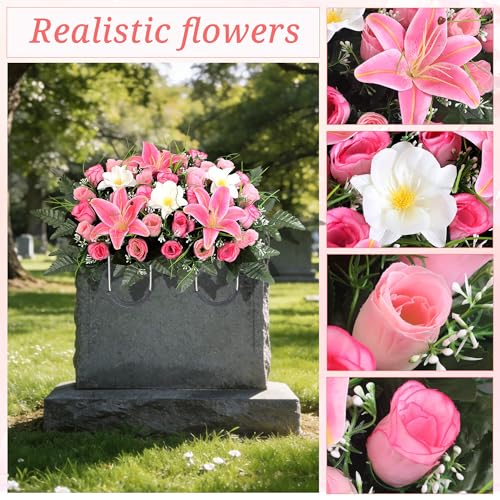 Cemetery Flower Saddle - Grave Flowers for Cemetery,Artificial Rose, Lily & Orchid Arrangement for Headstone - All-Weather Grave Decor for Outdoor Tombstone Headstone Decorations (Pink) - color: Pink