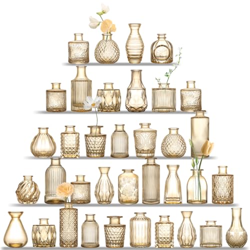 UPBUD Amber Glass Bud Vases Set of 36, Mini Flower Vase for Centerpieces, Small Gold Bud Vases in Bulk for Wedding Decorations, Vintage Vase for Table, Recepetion, Home Décor - color: Standard-gold Amber, size: 36pcs