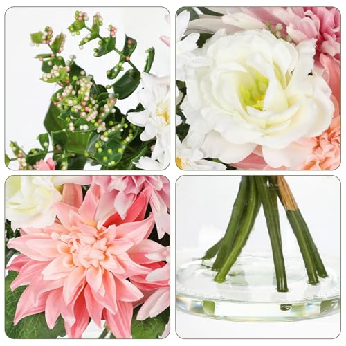 Briful Fake Flower Arrangement in Glass Vase, 11" Faux Dahlia Silk Flowers Centerpiece Table Decorations Pink Mixed Floral Bouquet for Home Office Dining Room Coffee Table Wedding Decor - color: White Pink