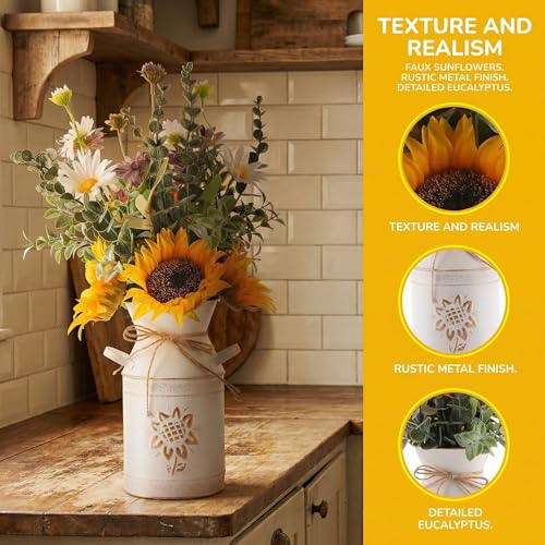 Fake Flowers in Vase,Sunflowers Artificial Flowers Silk Flower Arrangements with Metal Flower Vase Faux Flowers Sunflower Kitchen Decor Yellow Bathroom Decor Sunflower Gifts for Women (Yellow)