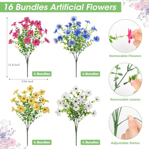Bassion Artificial Flowers for Outdoors, 16 Bundles UV Resistant Fake Flowers Realistic Silk Faux Plants for Outdoor Planter Window Box Porch Patio Garden Home Outside Decorations - color: Fuchsia Blue Yellow White