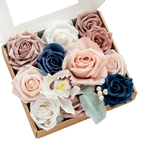 Ling's Moment Fake Flowers Box, Faux Artificial Greenery Stems Foam Roses Silk Orchid Fabic Flower for Centerpieces Bouquet Wedding Table Floral Vase Bridal Shower Party, Dusty Rose & Navy, Mini Combo - color: Dusty Rose & Navy